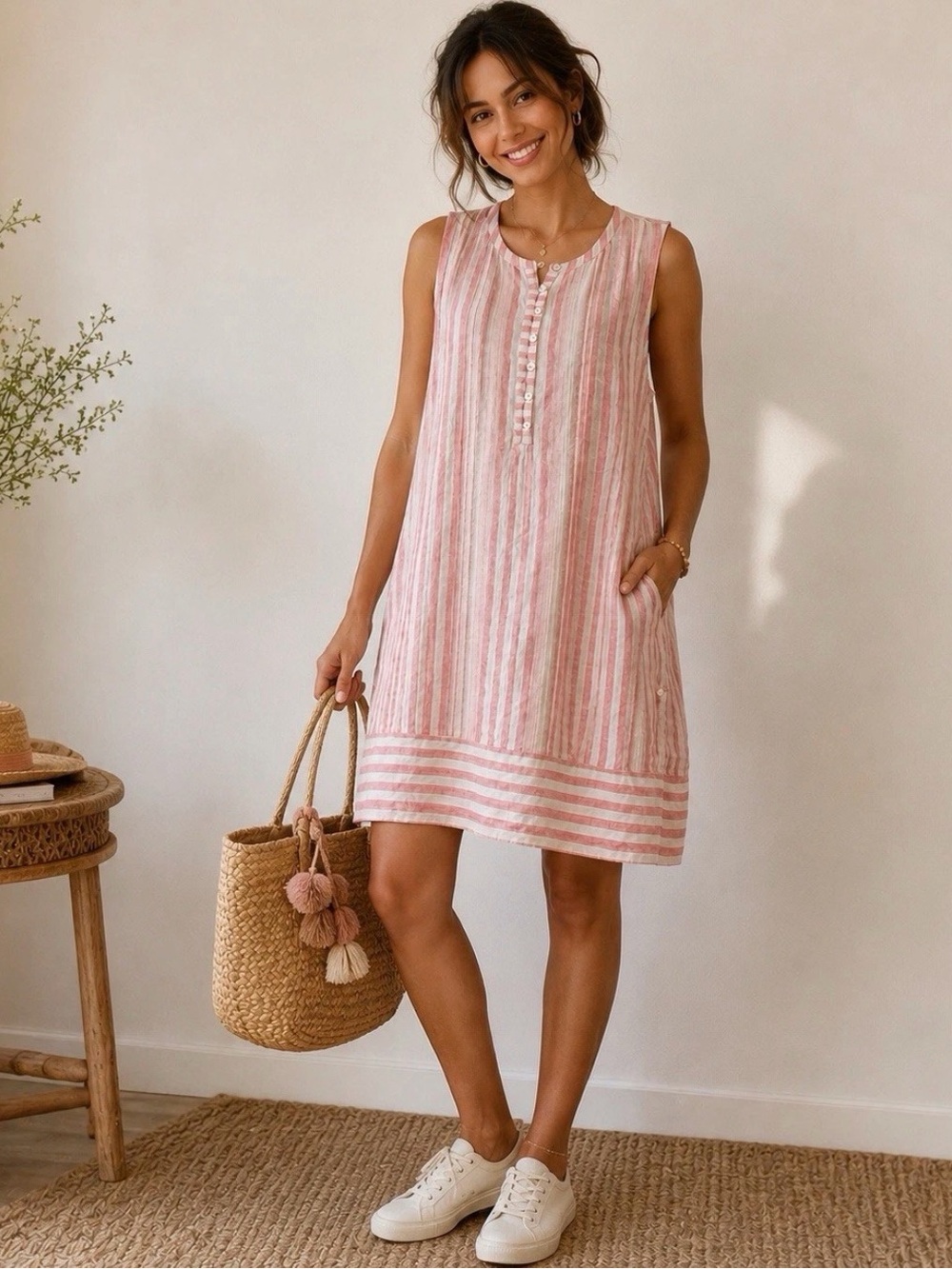 Faherty Isha M Pink White Stripe 100% Linen Pintuck Mini Dress Pockets